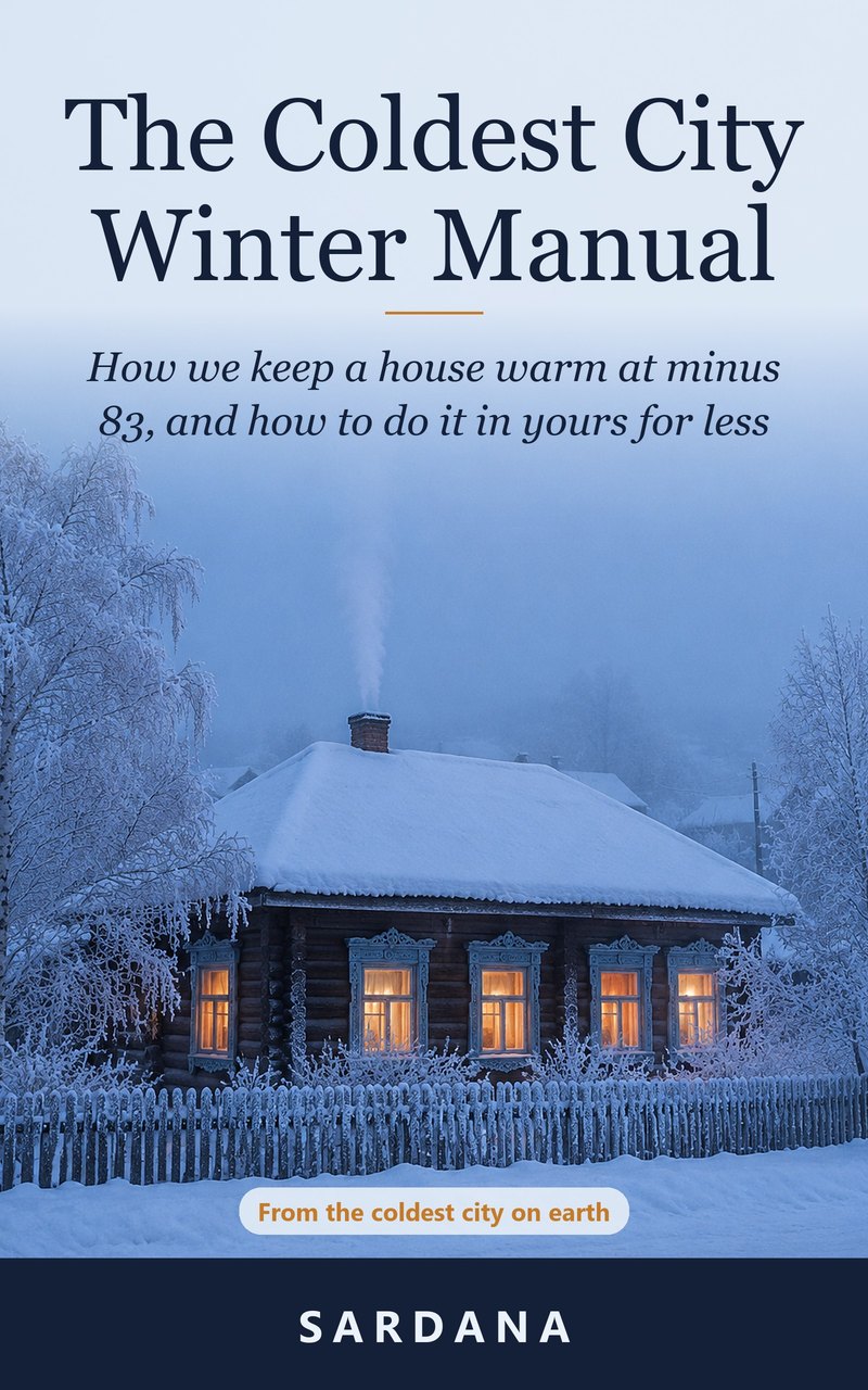 Book cover: The Coldest City Winter Manual by Sardana, a log house with lit windows in deep snow